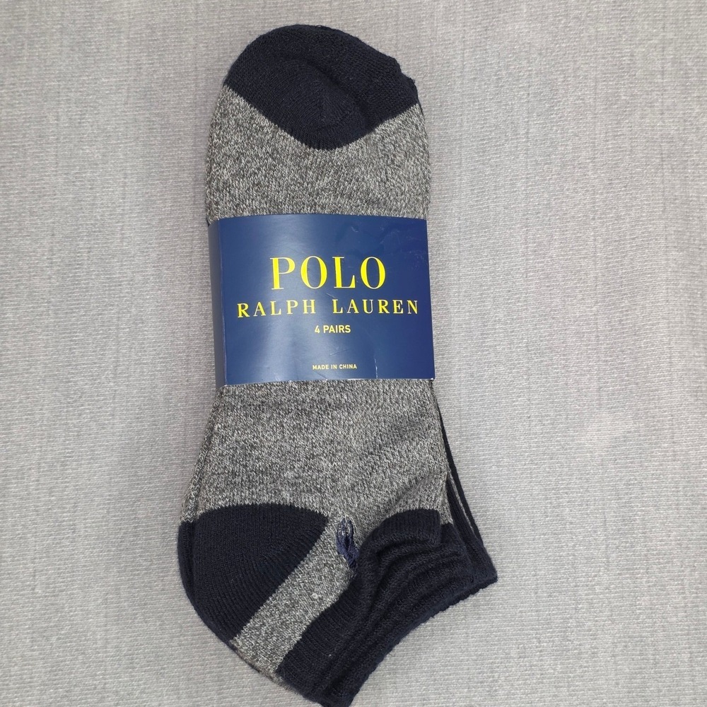 Polo Ralph Lauren Socks Mens 10-13 Grey Navy 4 Pairs Low Cut Pony Logo New